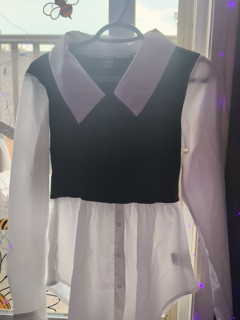 SHEIN Black & White Long Sleeve Layered Shirt-Dress with Point Collar